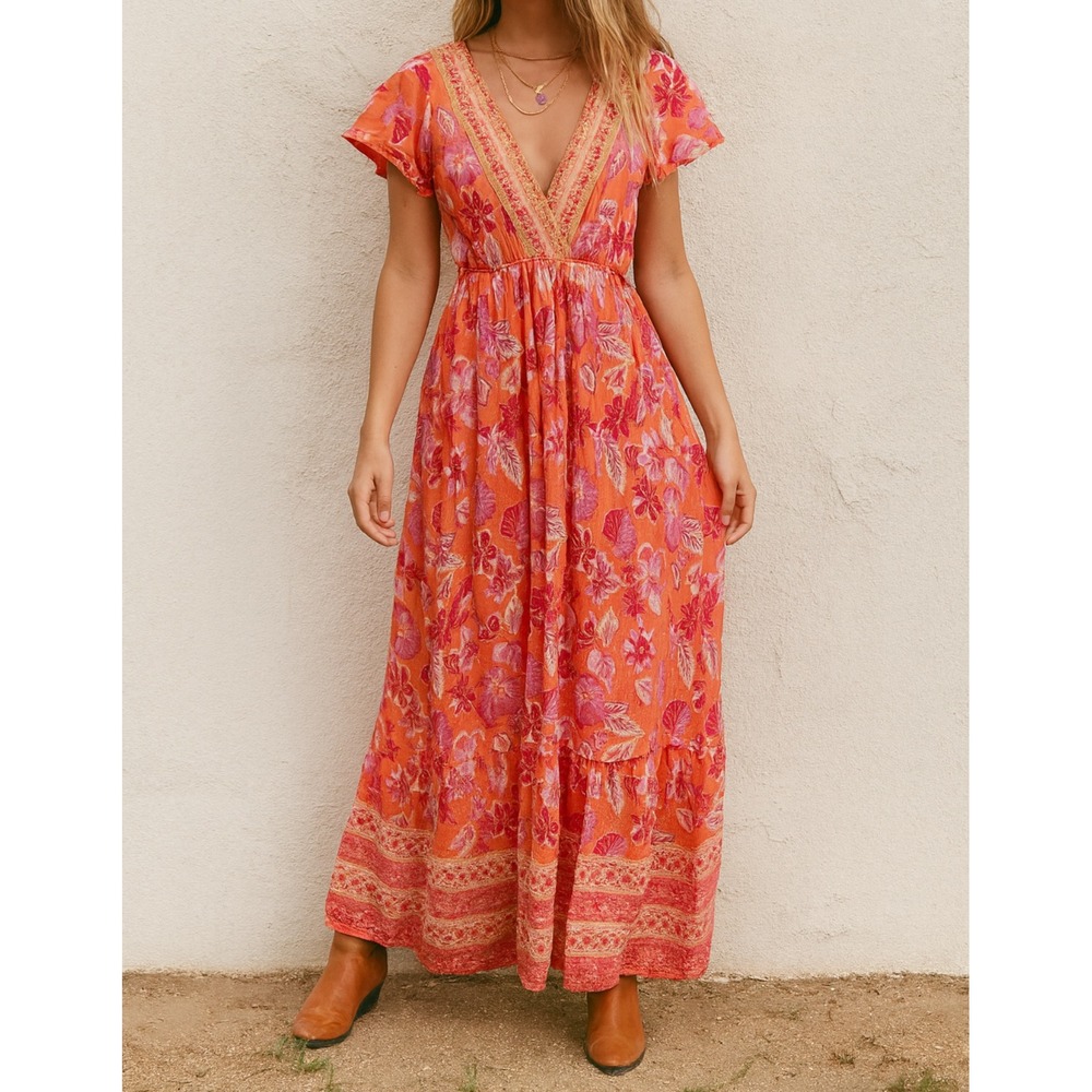 Bebop sz XS Women Pink Funky Floral VNeck Tassle Maxi Dress Beachy Boho Festival